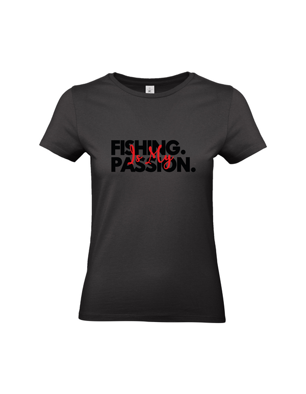 T-shirt femme motif "La pêche est ma passion" noir/rouge