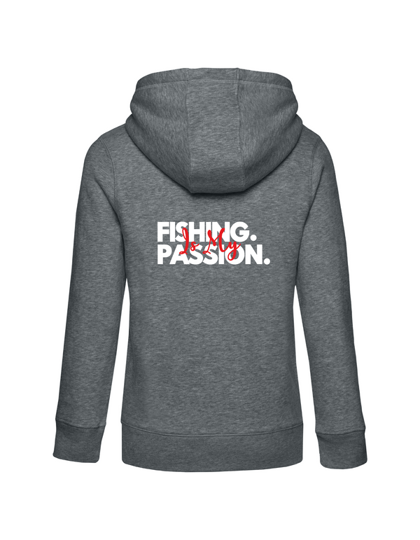 Zip-Hoodie Damen "Fishing is my Passion" Motiv Weiß/Rot