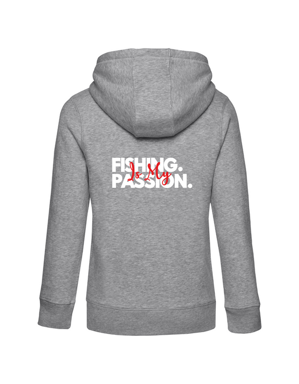 Zip-Hoodie Damen "Fishing is my Passion" Motiv Weiß/Rot