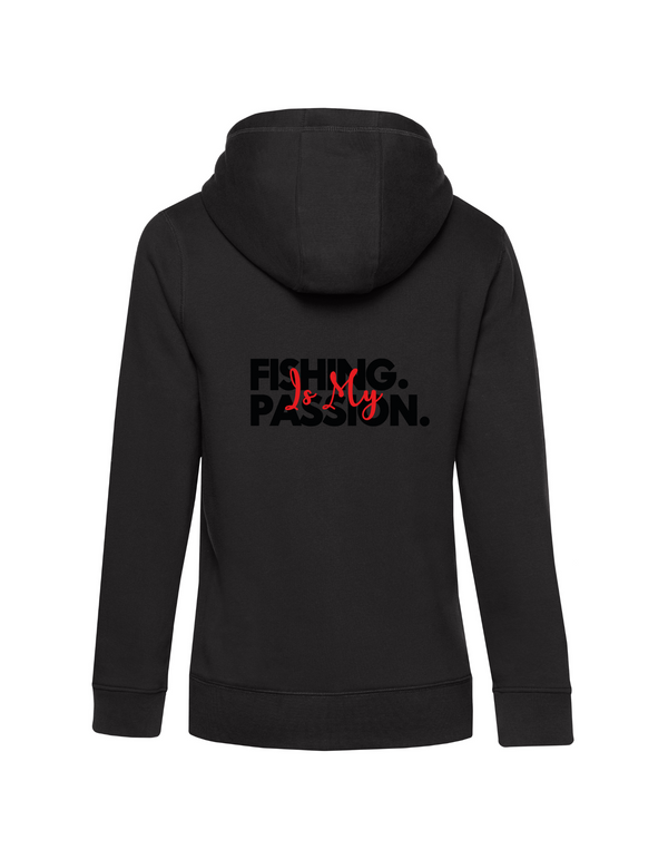 Zip-Hoodie Damen "Fishing is my Passion" Motiv Schwarz/Rot