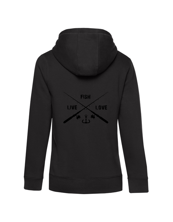 Women's zip hoodie "Fishing is my Passion" motif black/red