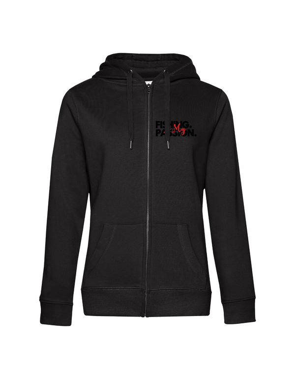 Zip-Hoodie Damen "Fishing is my Passion" Motiv Schwarz/Rot