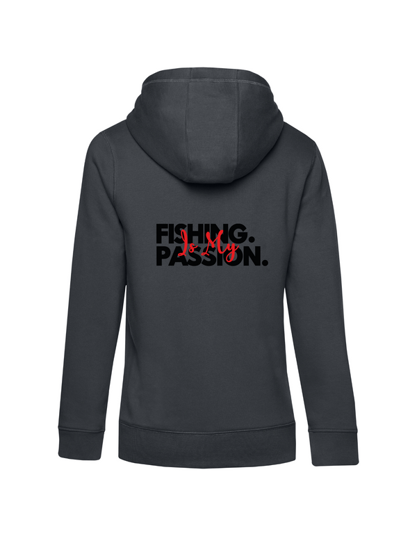 Zip-Hoodie Damen "Fishing is my Passion" Motiv Schwarz/Rot