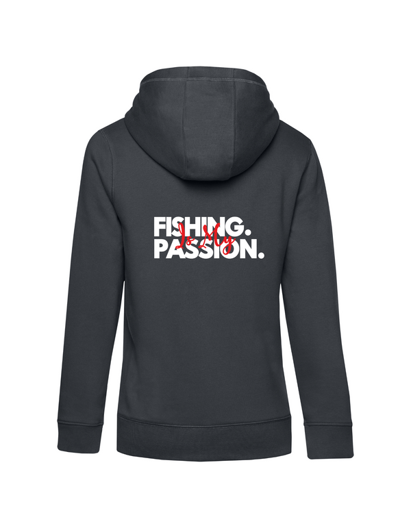 Zip-Hoodie Damen "Fishing is my Passion" Motiv Weiß/Rot