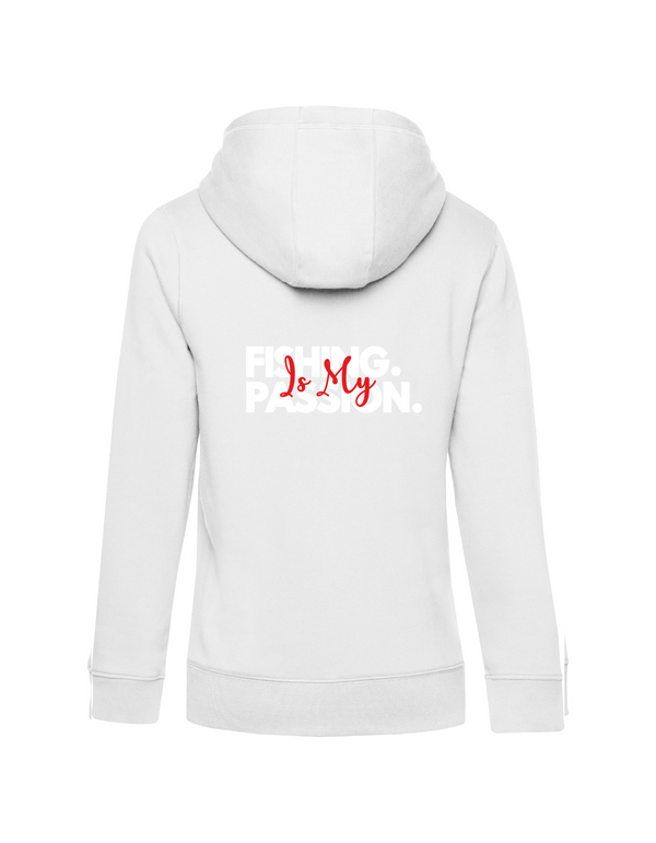 Zip-Hoodie Damen "Fishing is my Passion" Motiv Weiß/Rot