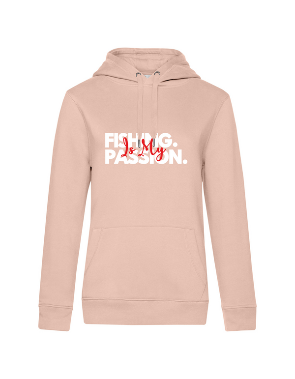 Hoodie Damen "Fishing is my Passion" Motiv Weiß/Rot