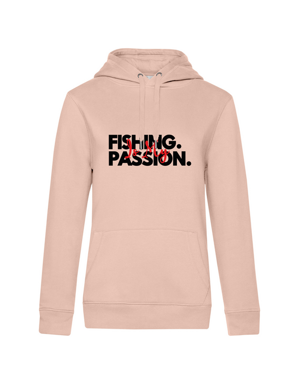 Sweat à capuche femme motif "Fishing is my Passion" noir/rouge