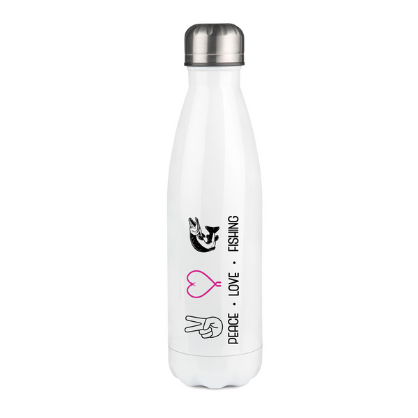 Thermosflasche weiß "Peace.Love.Fishing" pinkes Herz