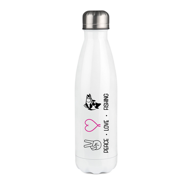 Thermosflasche weiß "Peace.Love.Fishing" pinkes Herz