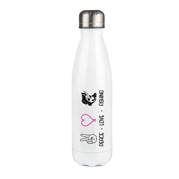 Thermosflasche weiß "Peace.Love.Fishing" pinkes Herz