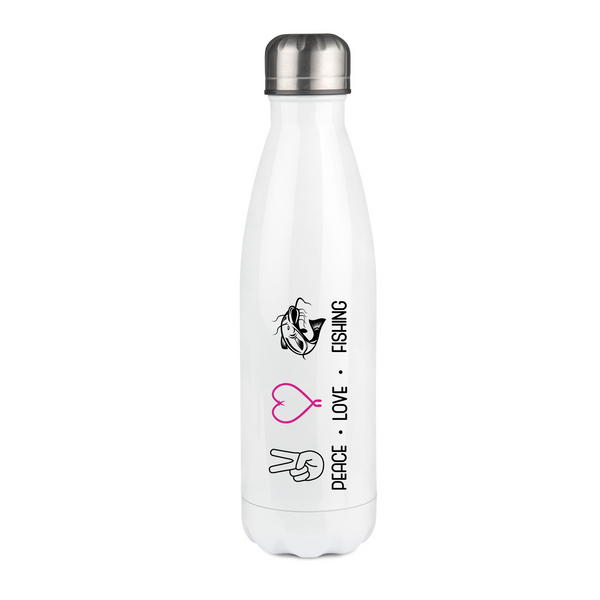 Thermosflasche weiß "Peace.Love.Fishing" pinkes Herz