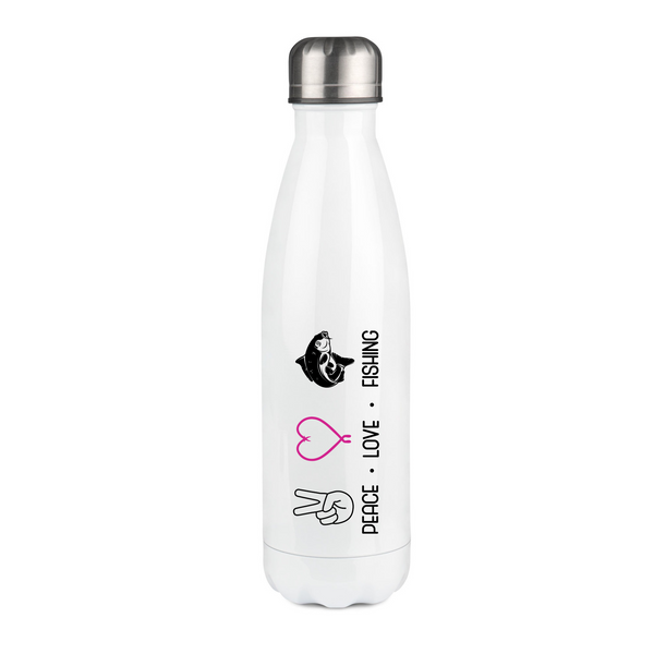 Thermosflasche weiß "Peace.Love.Fishing" pinkes Herz