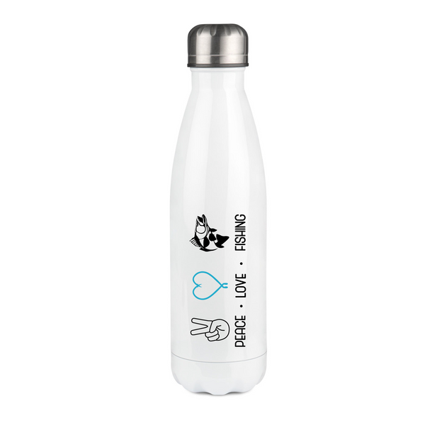 Thermosflasche weiß "Peace.Love.Fishing" blaues Herz