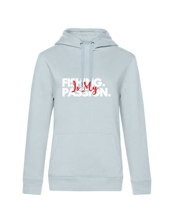 Hoodie Damen "Fishing is my Passion" Motiv Weiß/Rot