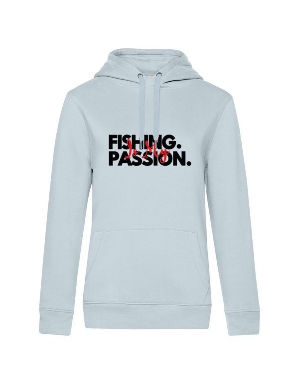 Sweat à capuche femme motif "Fishing is my Passion" noir/rouge