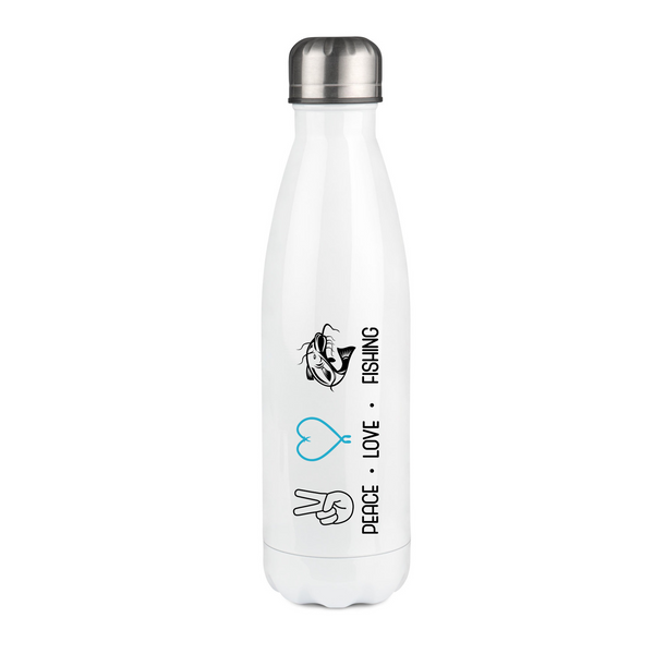 Thermosflasche weiß "Peace.Love.Fishing" blaues Herz