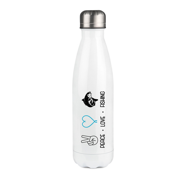 Thermosflasche weiß "Peace.Love.Fishing" blaues Herz