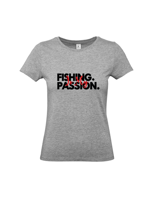 T-shirt femme motif "La pêche est ma passion" noir/rouge