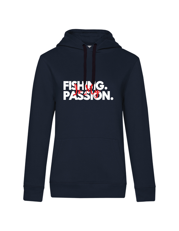 Hoodie Damen "Fishing is my Passion" Motiv Weiß/Rot