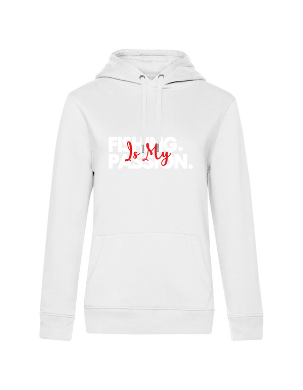 Hoodie Damen "Fishing is my Passion" Motiv Weiß/Rot