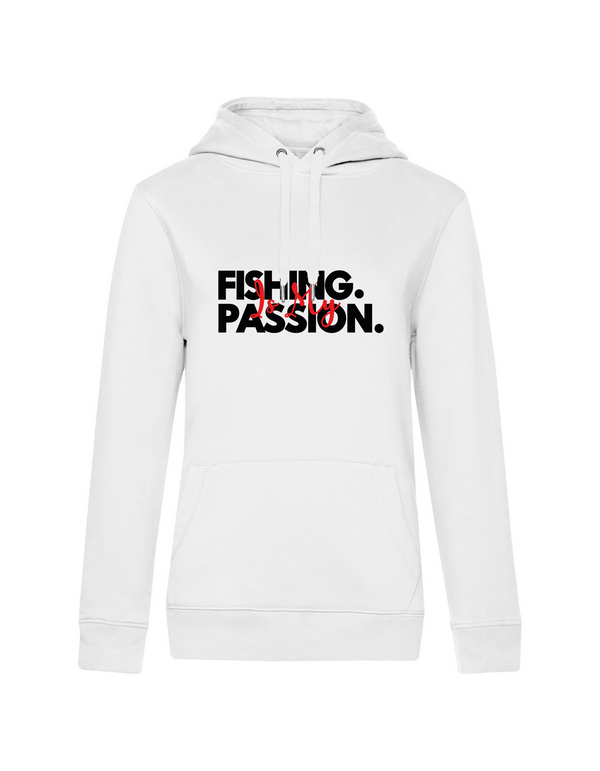 Sweat à capuche femme motif "Fishing is my Passion" noir/rouge