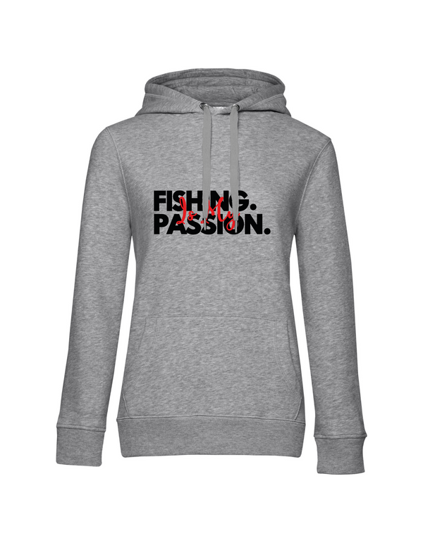 Sweat à capuche femme motif "Fishing is my Passion" noir/rouge