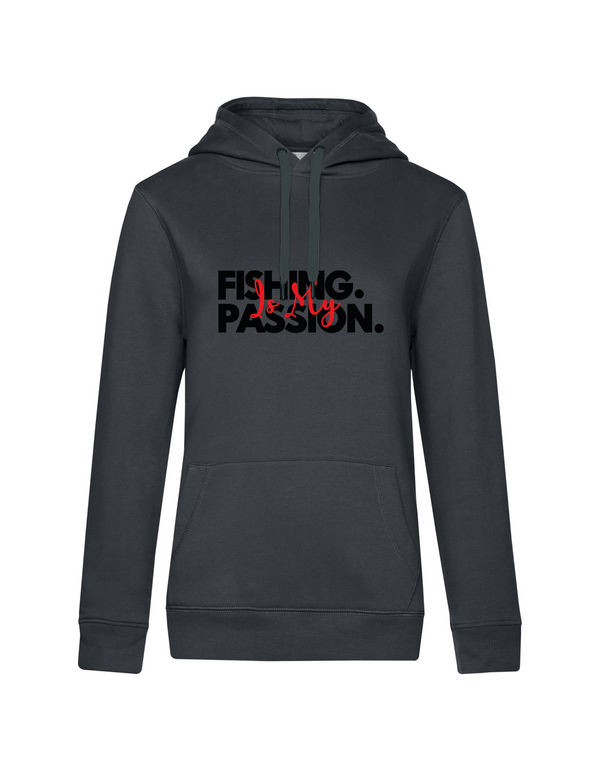 Sweat à capuche femme motif "Fishing is my Passion" noir/rouge