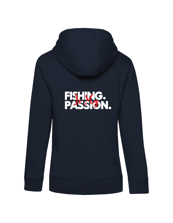 Zip-Hoodie Damen "Fishing is my Passion" Motiv Weiß/Rot