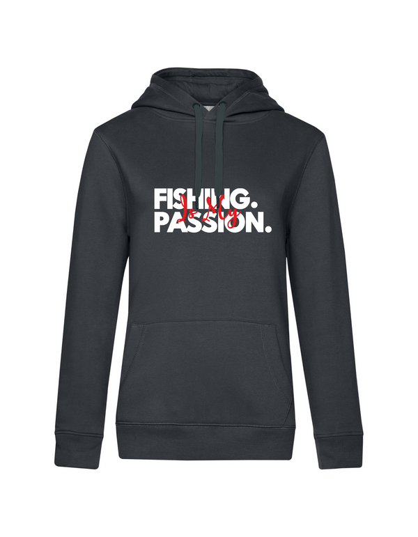 Hoodie Damen "Fishing is my Passion" Motiv Weiß/Rot