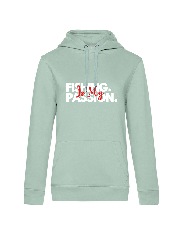 Hoodie Damen "Fishing is my Passion" Motiv Weiß/Rot