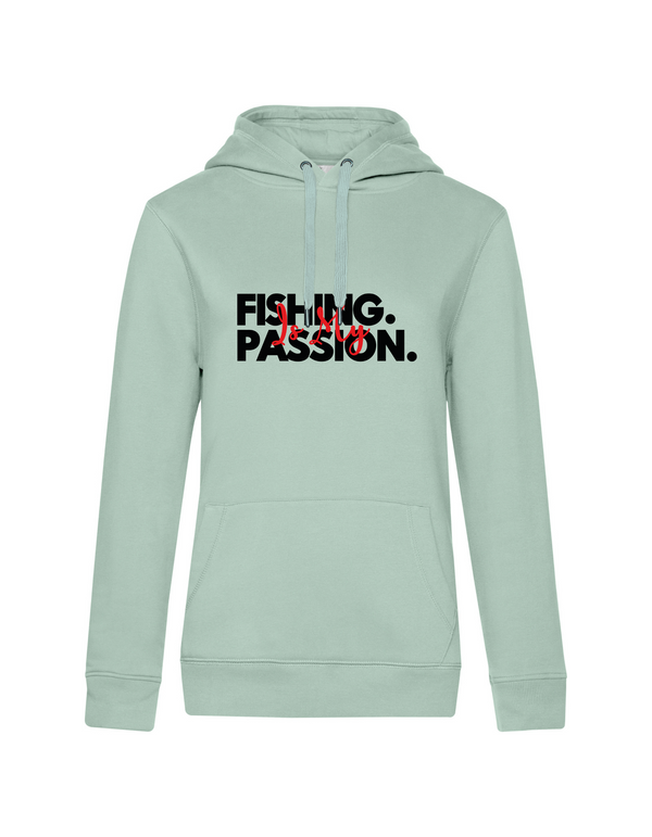 Sweat à capuche femme motif "Fishing is my Passion" noir/rouge