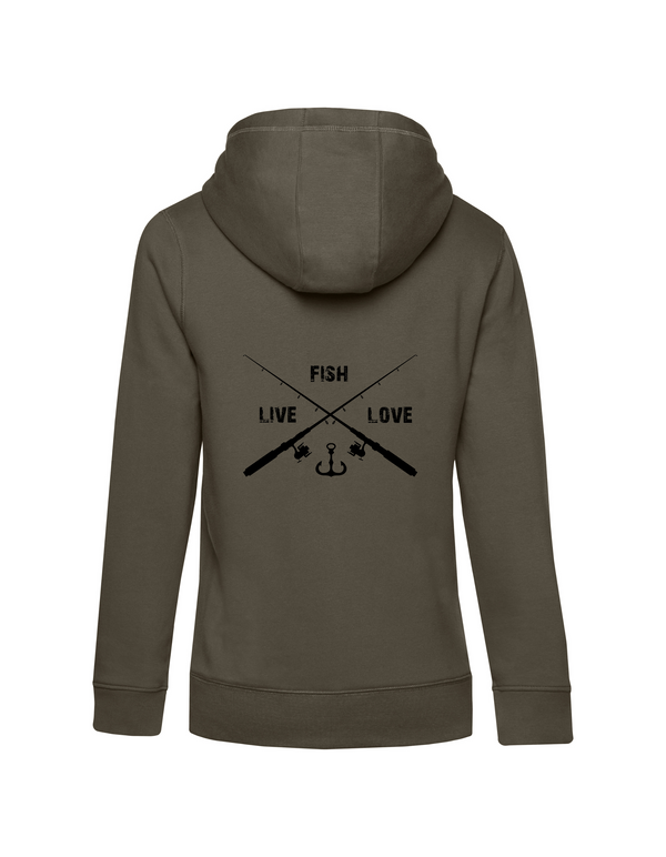 Women's zip hoodie "Fishing is my Passion" motif black/red