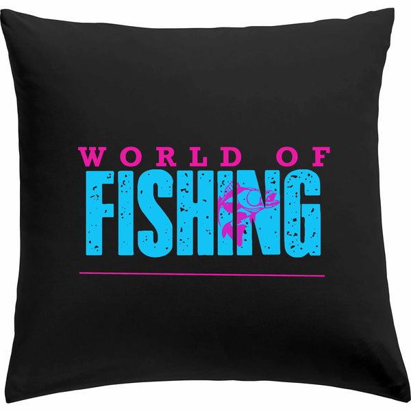 Kissen schwarz "World of fishing" Blau/Pink