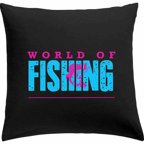 Kissen schwarz "World of fishing" Blau/Pink