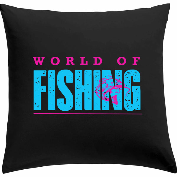 Kissen schwarz "World of fishing" Blau/Pink