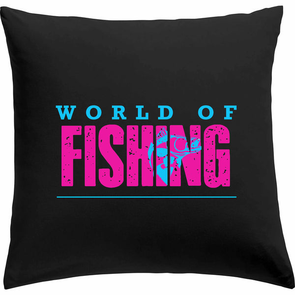 Kissen schwarz "World of fishing" Pink/Blau