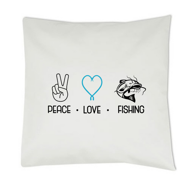 Kissen weiß "Peace.Love.Fishing" blaues Herz