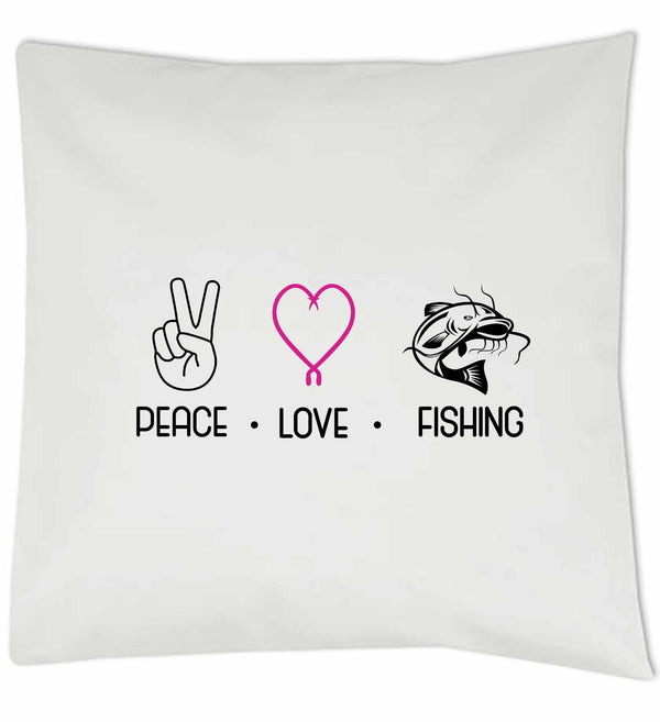 Kissen weiß "Peace.Love.Fishing" pinkes Herz