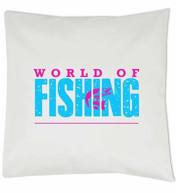 Kissen weiß "World of fishing" Blau/Pink