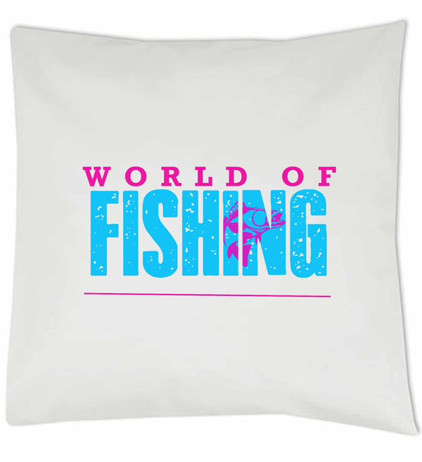 Kissen weiß "World of fishing" Blau/Pink