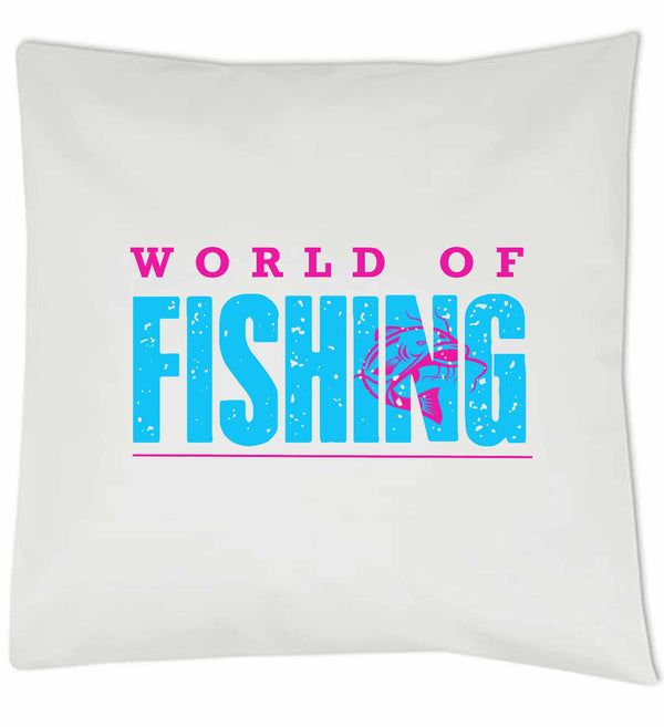 Kissen weiß "World of fishing" Blau/Pink