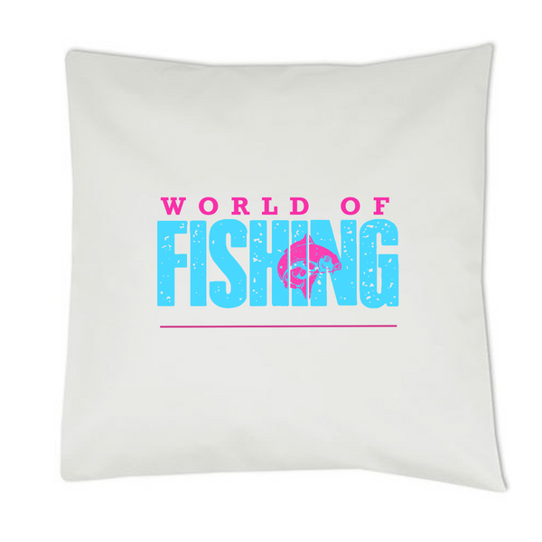 Kissen weiß "World of fishing" Blau/Pink