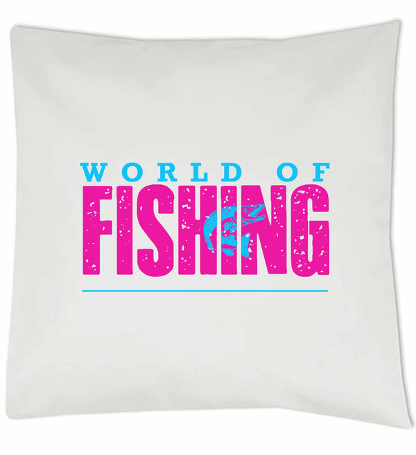 Kissen weiß "World of fishing" Pink/Blau