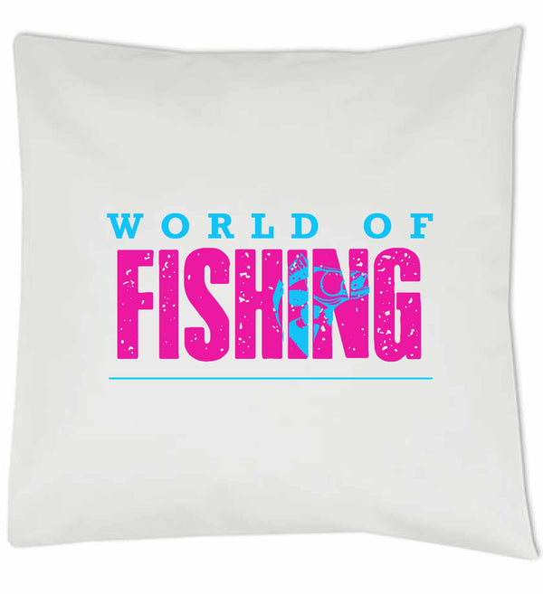 Kissen weiß "World of fishing" Pink/Blau